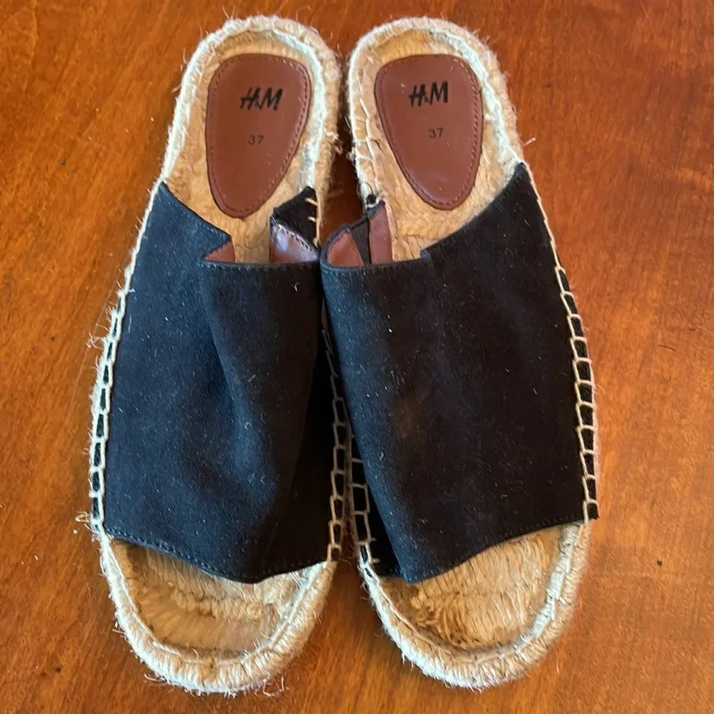 H&M Black Suede Espadrille Slides - Size 37